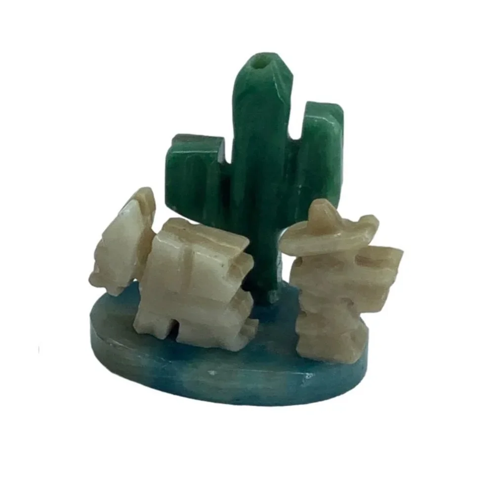 Vintage Hand-Carved Stone Cactus Sombrero Man Donkey Decor 2.5